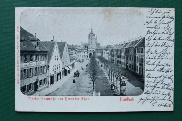 AK Ansbach / 1911 / Maximilianstrasse / Herrieder Tor / Litfaßsäule / Gasthaus zum Schwan / Geschäfte / Architektur